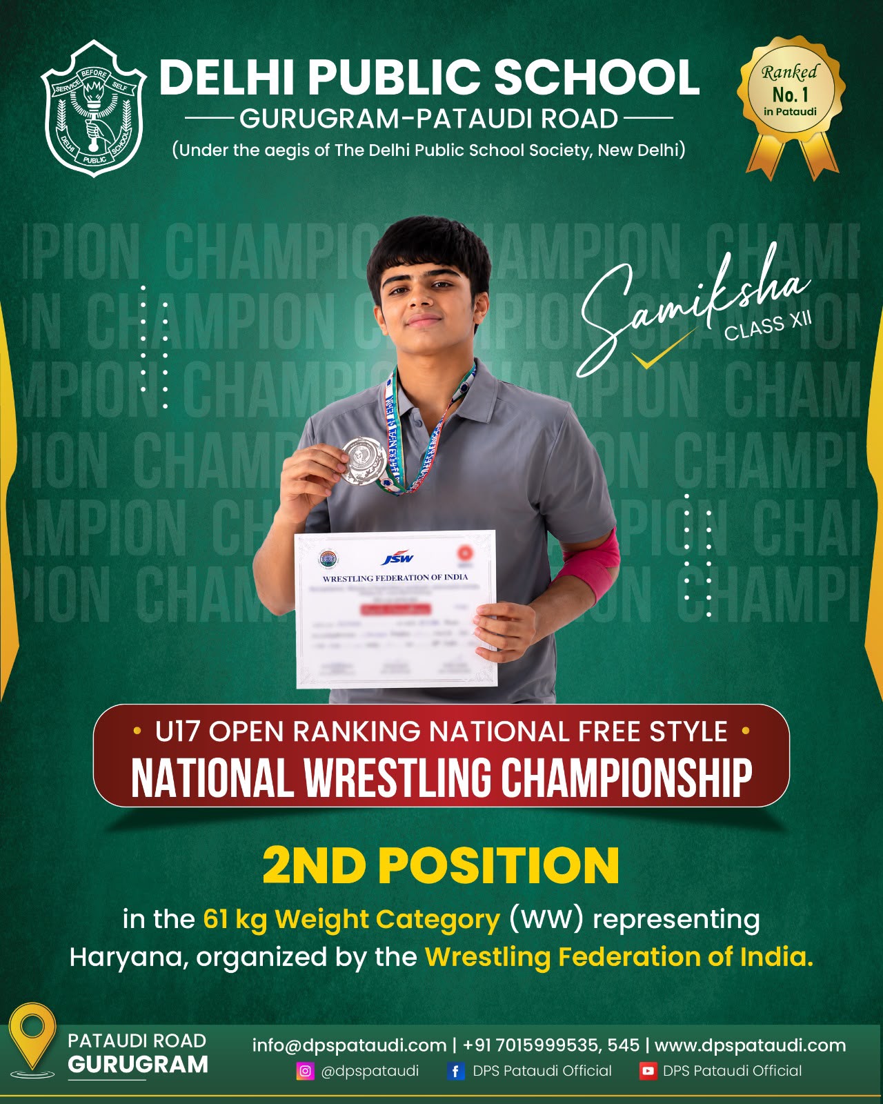 amiksha on securing Second Position in the 61 kg Weight Category